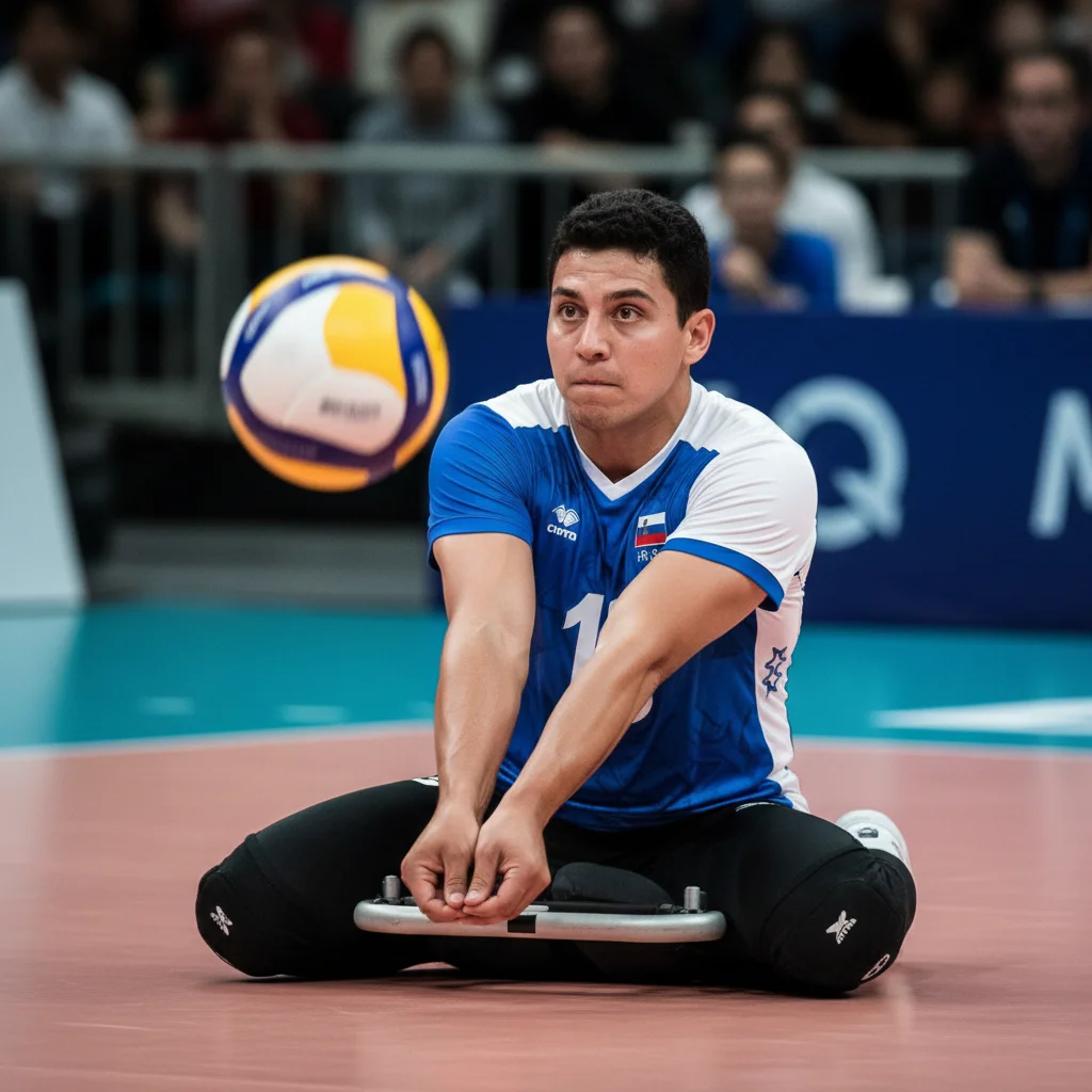 Paralympic sitting volleyball athlete serving with precision