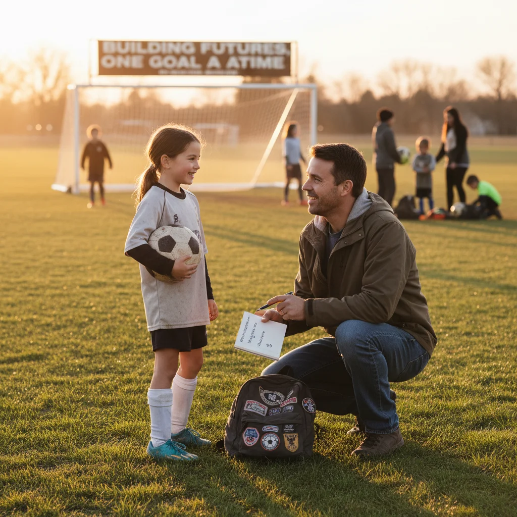 Parent and child discussing youth soccer, highlighting community involvement and financial aspects.
