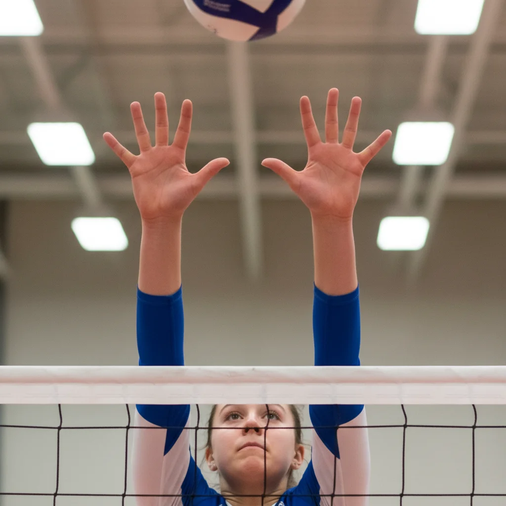 Volleyball player demonstrating perfect blocking hand positioning over the net.