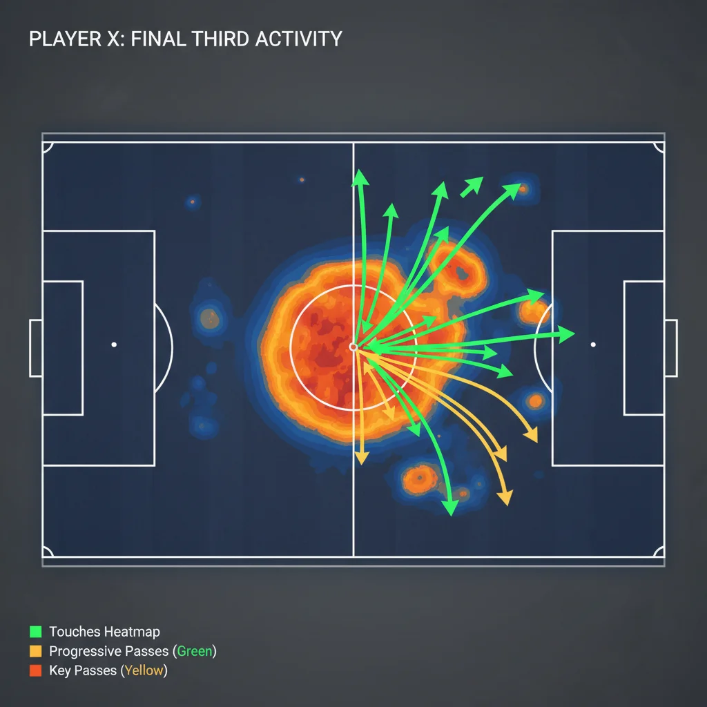 Heatmap and progressive pass visualization for a soccer player's attacking contribution.