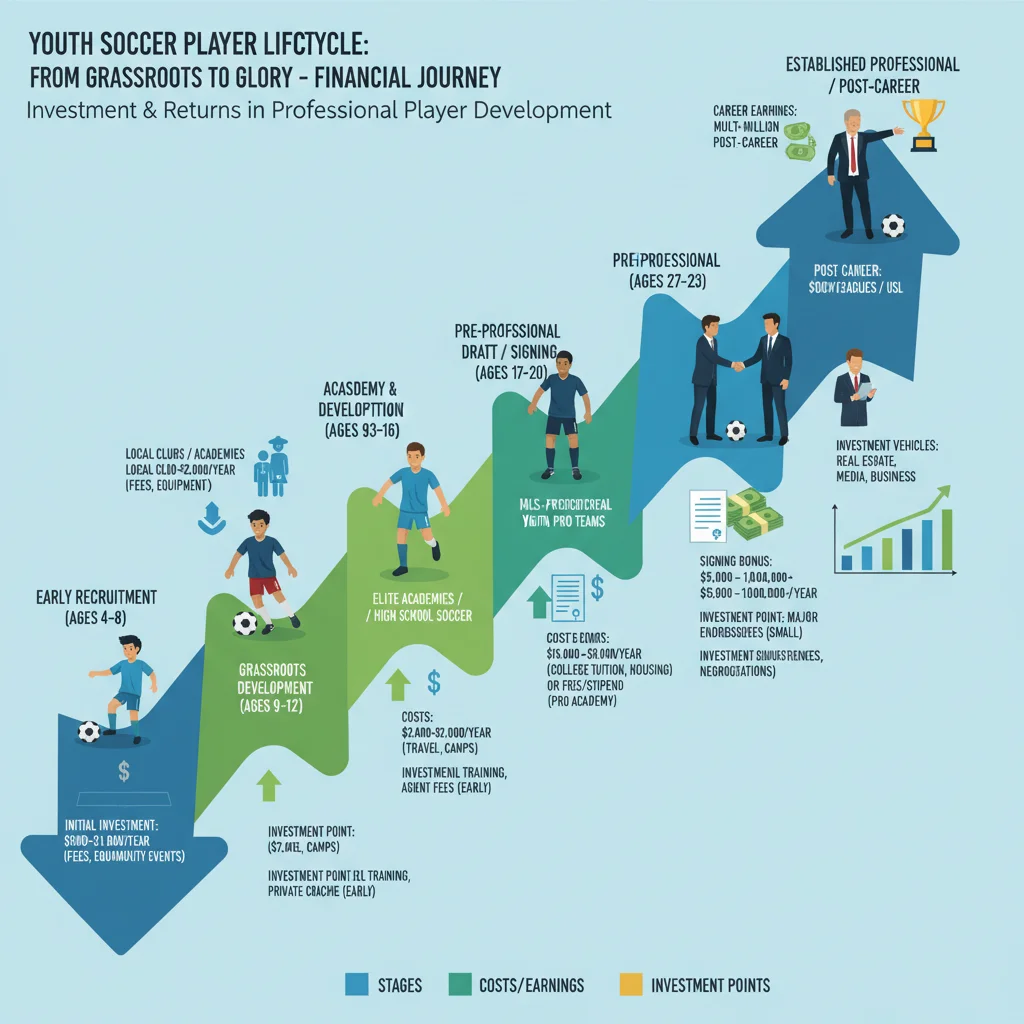 Infographic depicting the financial lifecycle and investment points in youth soccer player development.