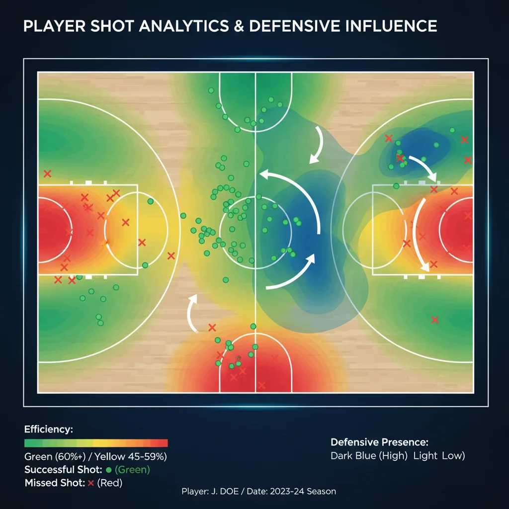 Detailed basketball player shot chart showing shooting efficiency and defensive zones.