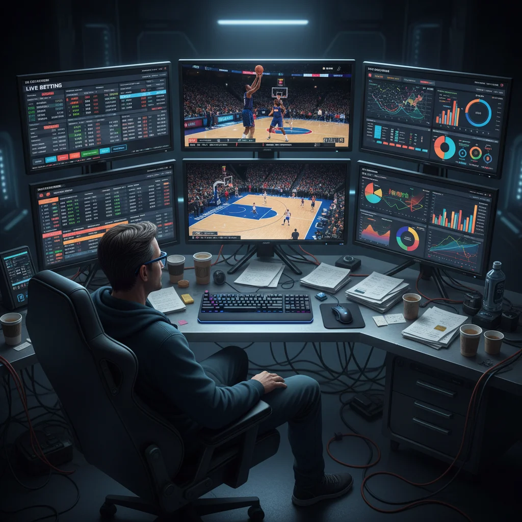 Professional bettor analyzing multiple screens with live NBA games, betting platforms, and analytics for strategic decisions.