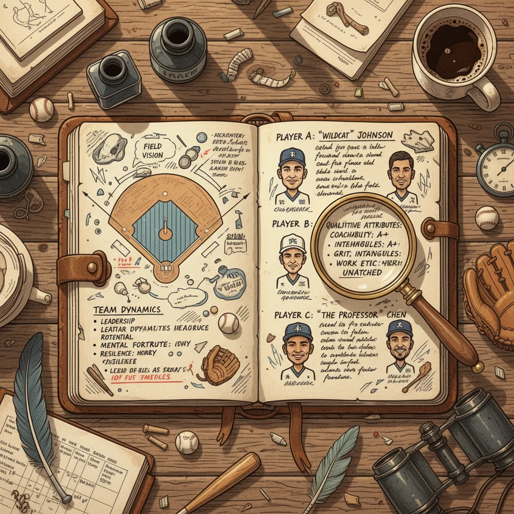Stylized scout's notebook with handwritten notes and player profiles, highlighting qualitative scouting methods.