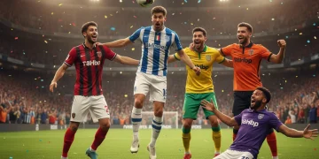 Five rising US college soccer stars celebrating a goal in a professional stadium, showcasing their talent and success.