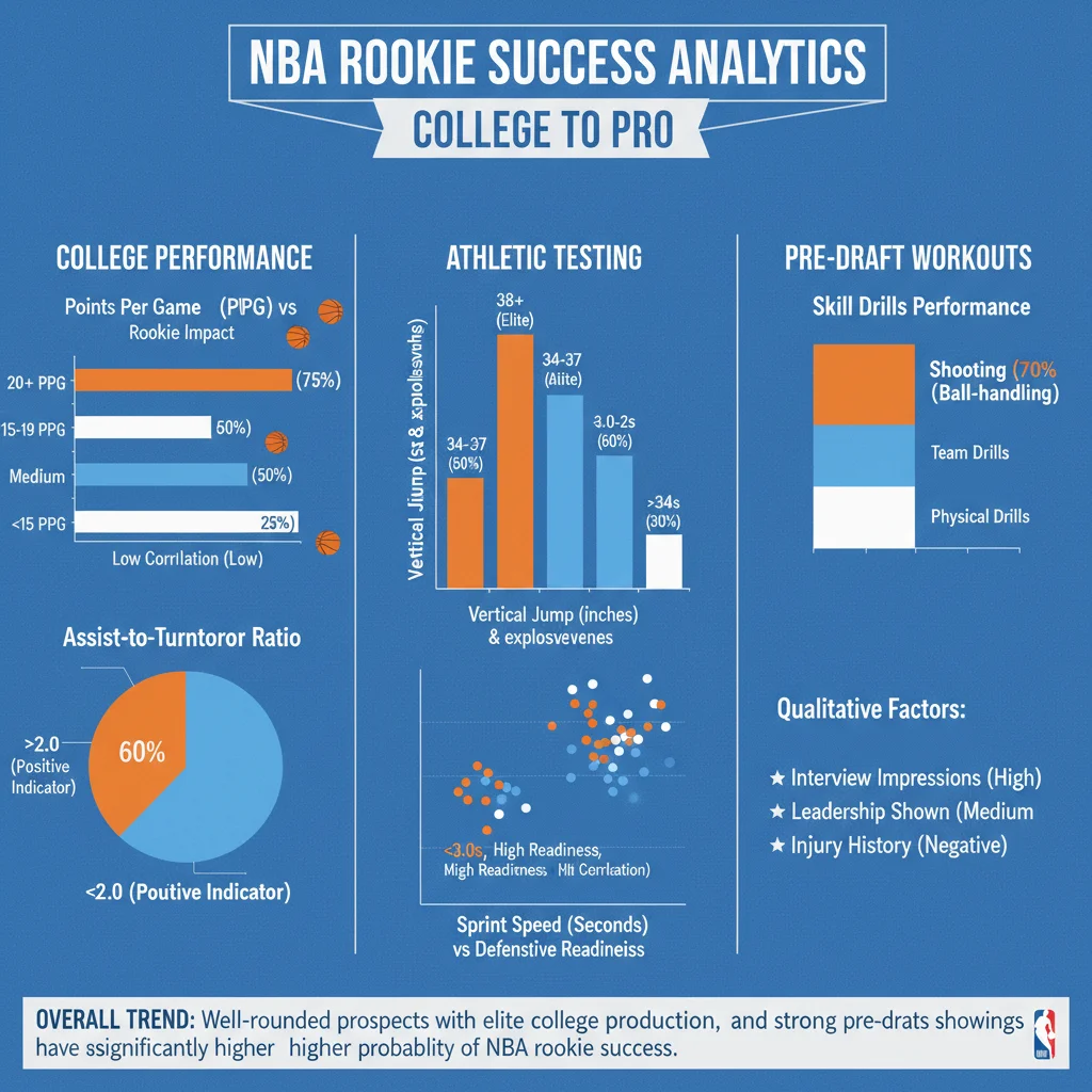Infographic detailing statistical correlations to NBA rookie success, including college stats and athletic metrics.