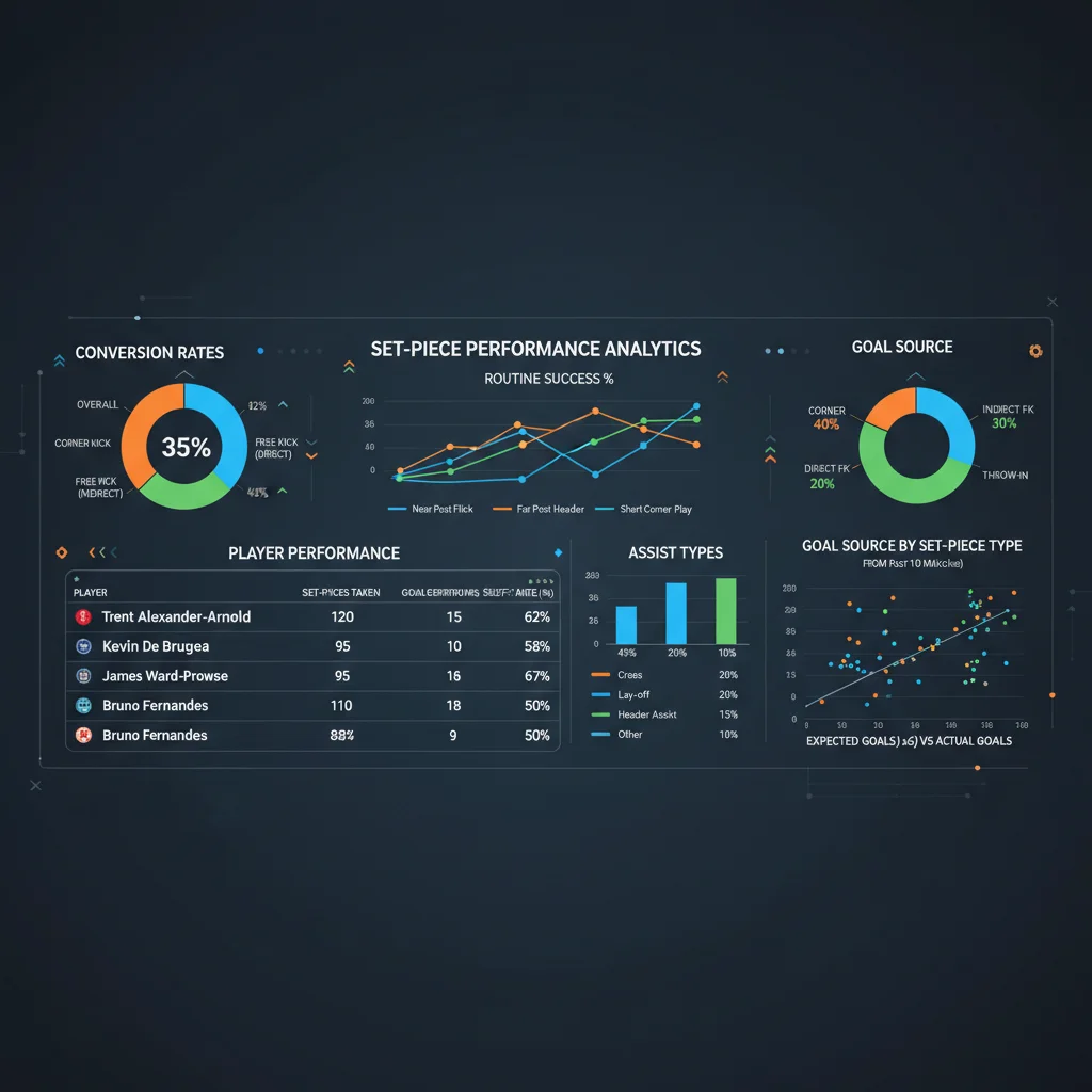 Data analytics dashboard showing set-piece conversion rates and performance metrics.