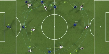 Soccer players on a field with GPS vests, digital performance data overlay