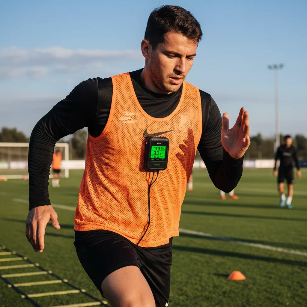 Soccer player in training wearing a GPS tracking device