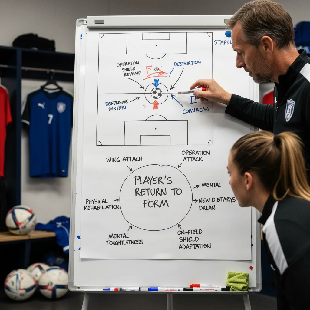 Soccer coach and player discussing game strategy on a whiteboard, planning the 2026 season.