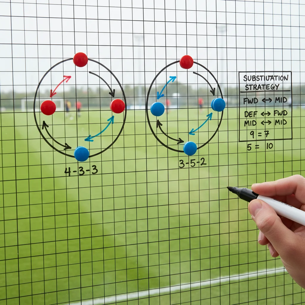 Soccer coach explaining tactical substitutions on a whiteboard