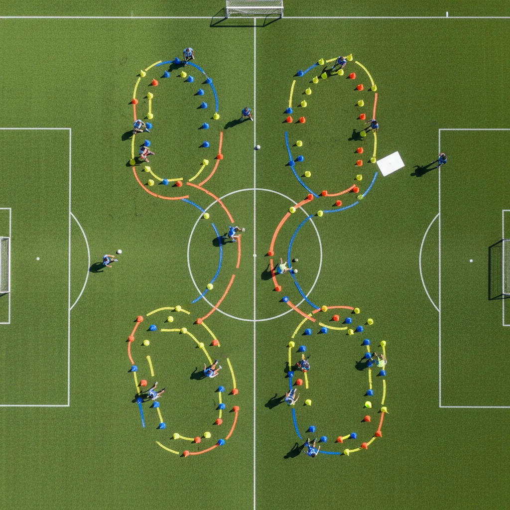 Overhead shot of a soccer team executing a complex training drill with cones on a green pitch.