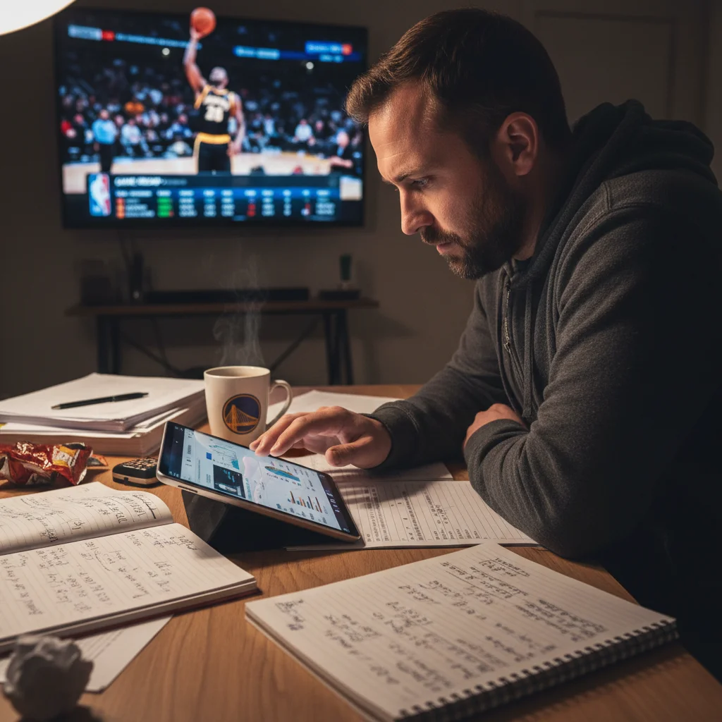Sports bettor analyzing NBA statistics for over under wagers