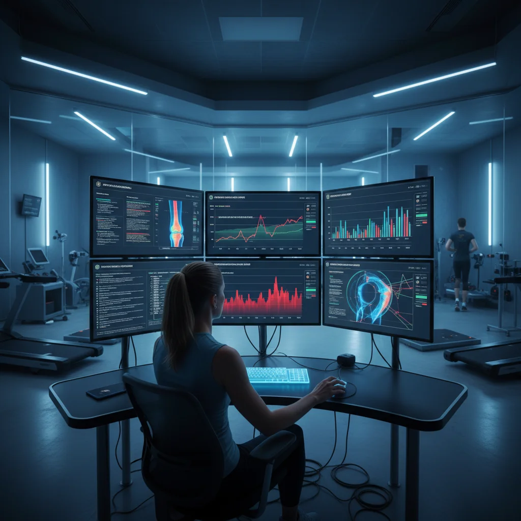 Sports scientist analyzing athlete data in a lab, high-tech injury prevention.