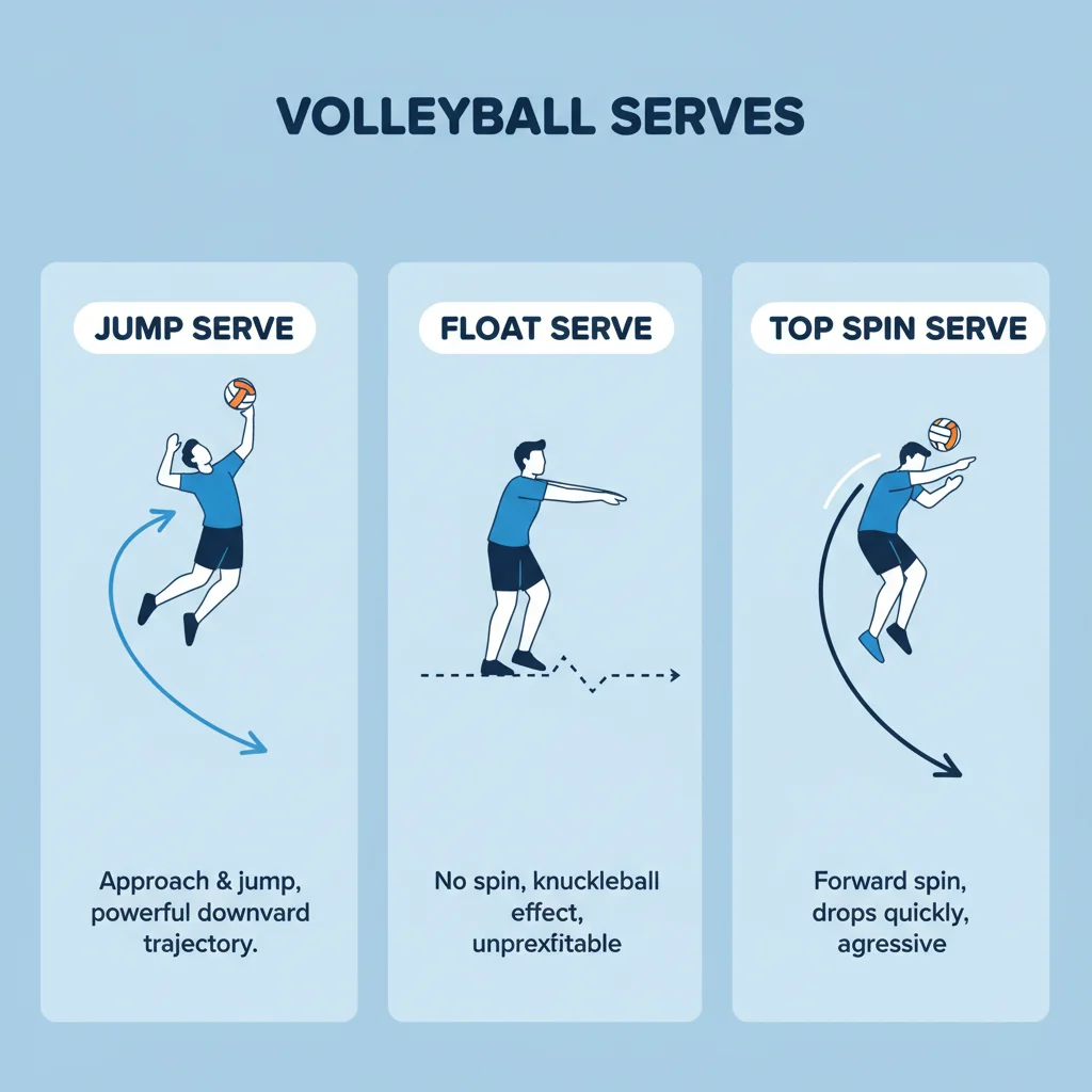 Infographic illustrating various volleyball serve types and their characteristics.