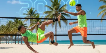 Dynamic US footvolley players in action on a beach, performing an acrobatic kick.