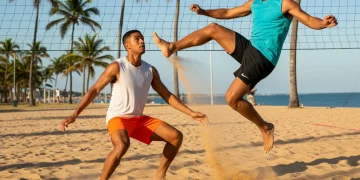 Dynamic footvolley action on a sunny beach court with two US players competing intensely