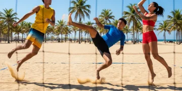 Footvolley's Future: How 3 Young US Talents are Shaping the Game in 2026 Dynamic shot of three young US footvolley players in action on a sunny beach court.