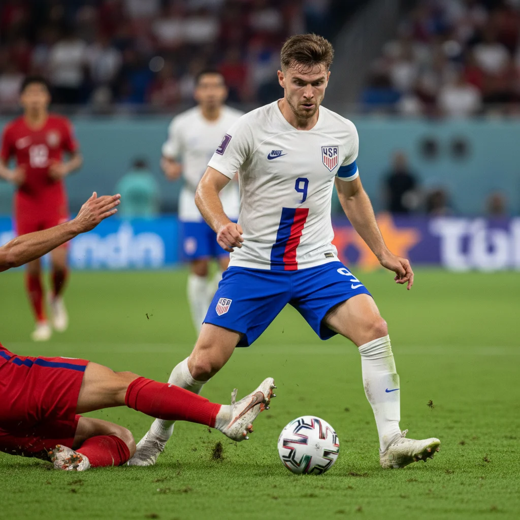 US forward demonstrating exceptional dribbling skills against a defender in a soccer match.