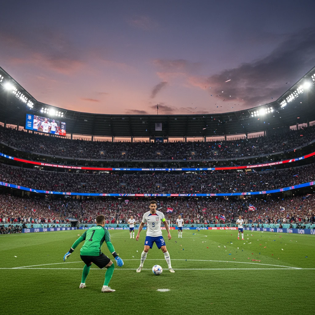 US soccer forward preparing to take a crucial penalty kick in a crowded stadium.