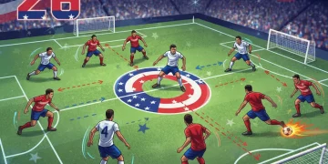 Tactical diagram of a 3-4-3 soccer formation with US flag elements, highlighting player positions for 2026 strategy.