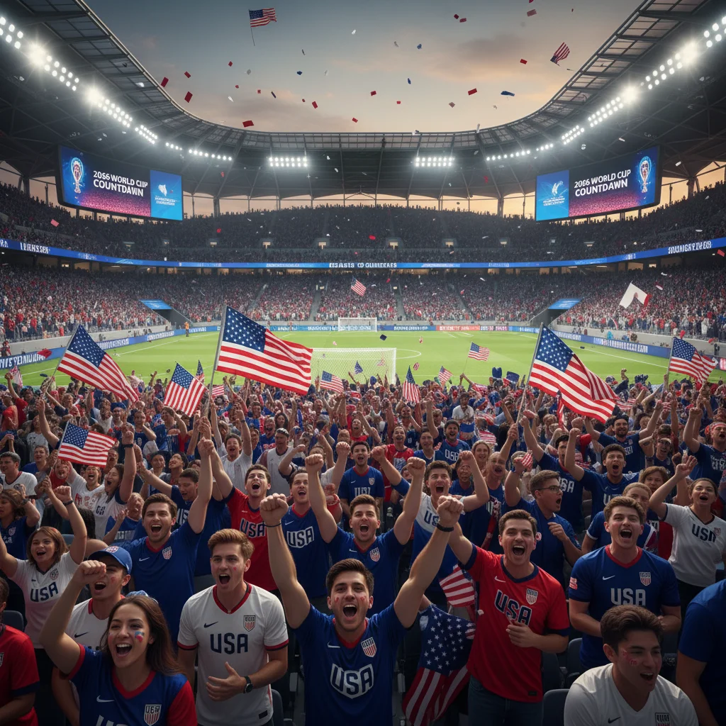 Passionate US soccer fans celebrating in a packed stadium