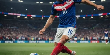 US soccer star striking ball powerfully, symbolizing his comeback in the 2026 season.