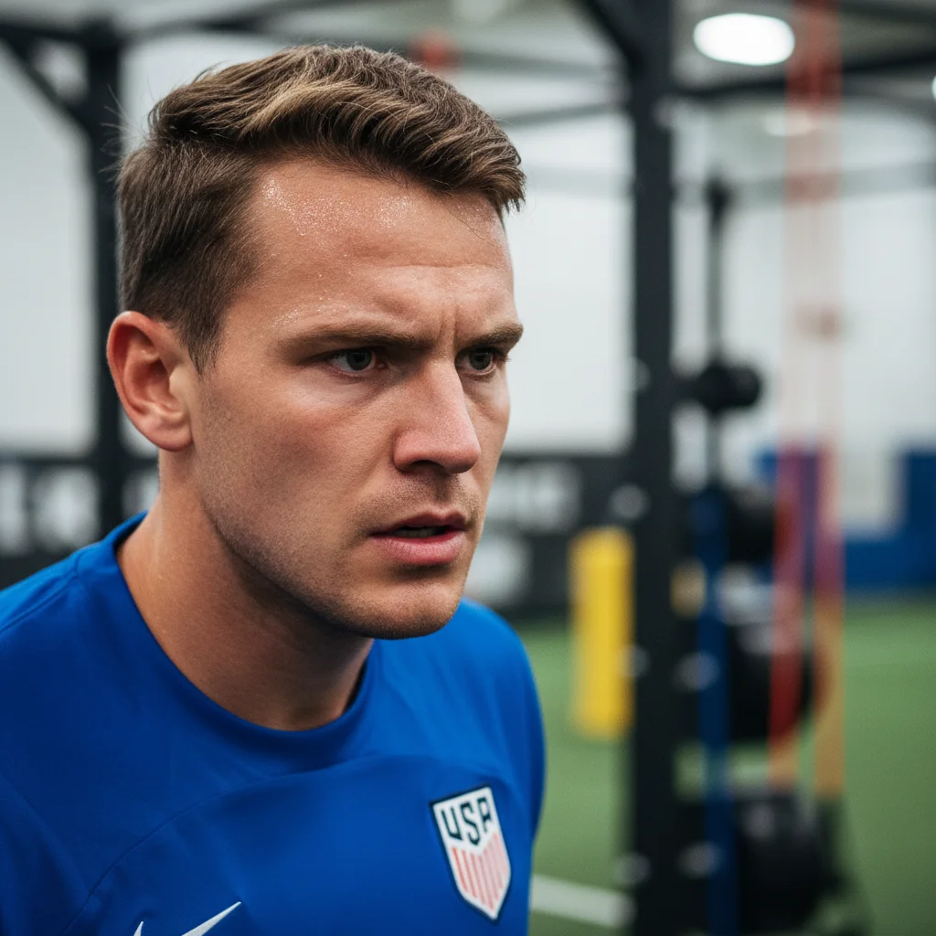 Determined US soccer player training intensely, showcasing dedication for 2026 comeback.