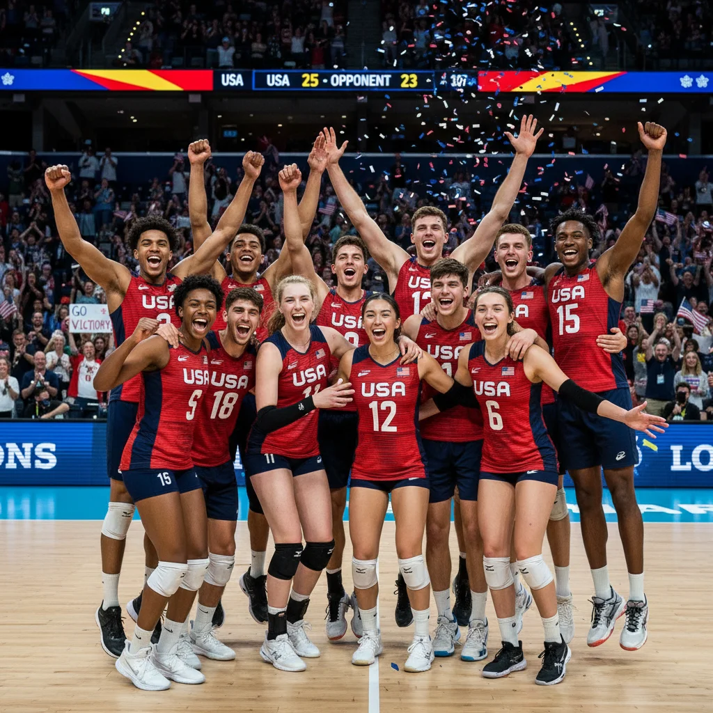 US volleyball team celebrating a hard-earned point with enthusiasm.