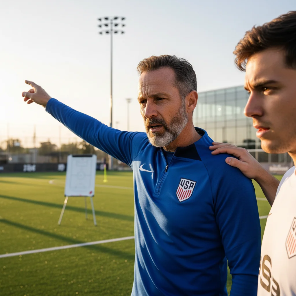 US soccer veteran mentoring young player during training