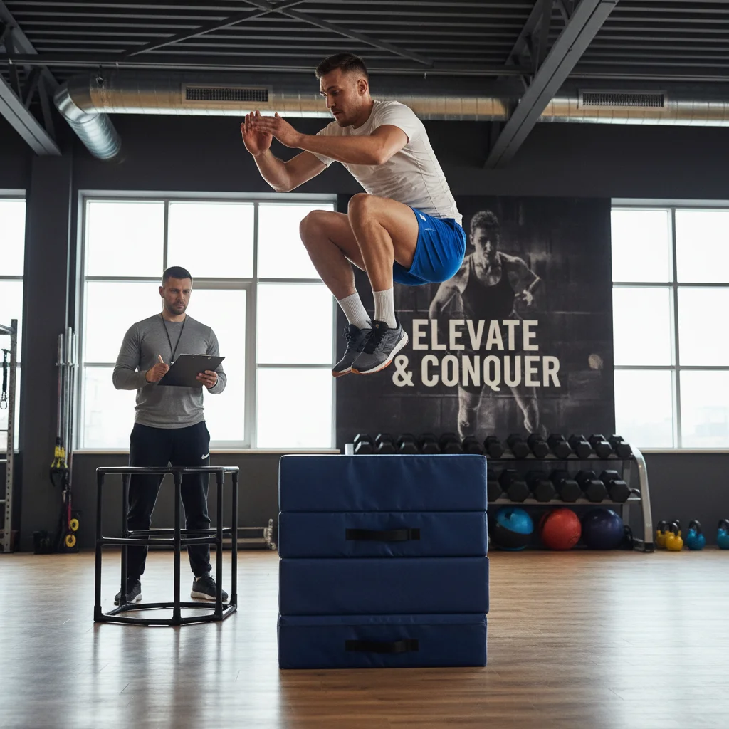Volleyball player performing explosive box jump exercise