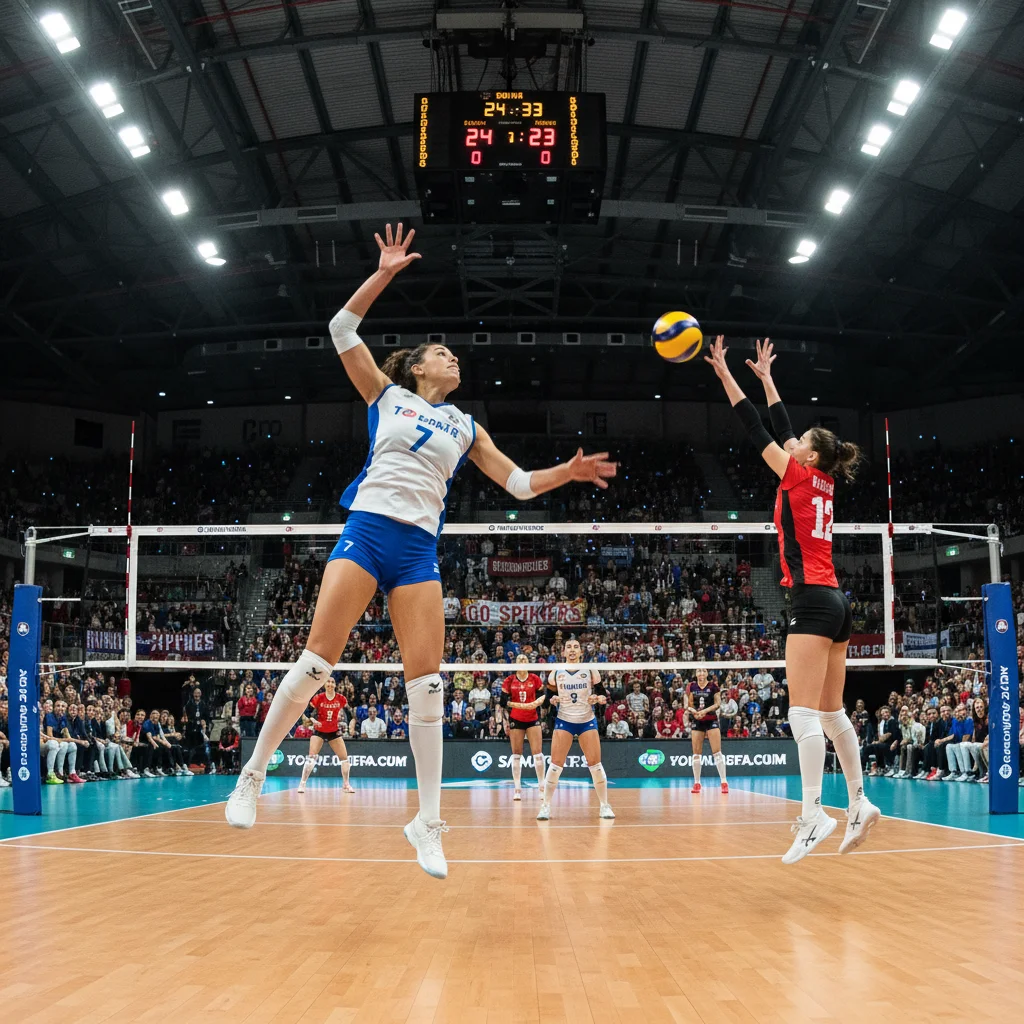 Professional indoor volleyball match with player blocking and spiker in background.