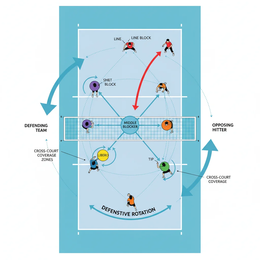 Volleyball court diagram illustrating middle blocker defensive positioning and strategy.