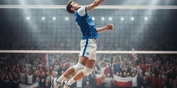 Male volleyball player executing a powerful jump serve during a professional match.