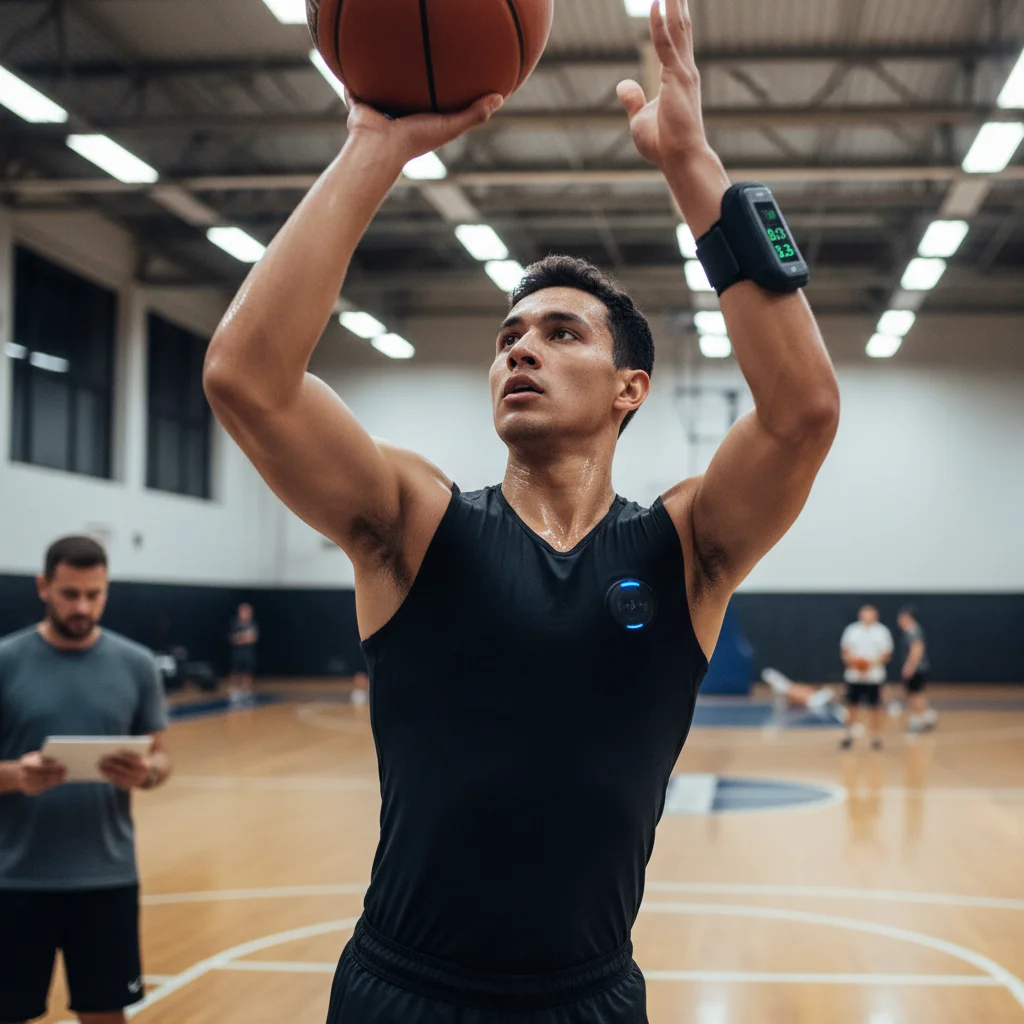 Basketball player utilizing wearable sensors for real-time performance tracking during training