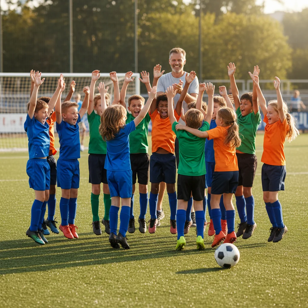 Diverse young soccer players celebrating a goal, showcasing teamwork and joy.