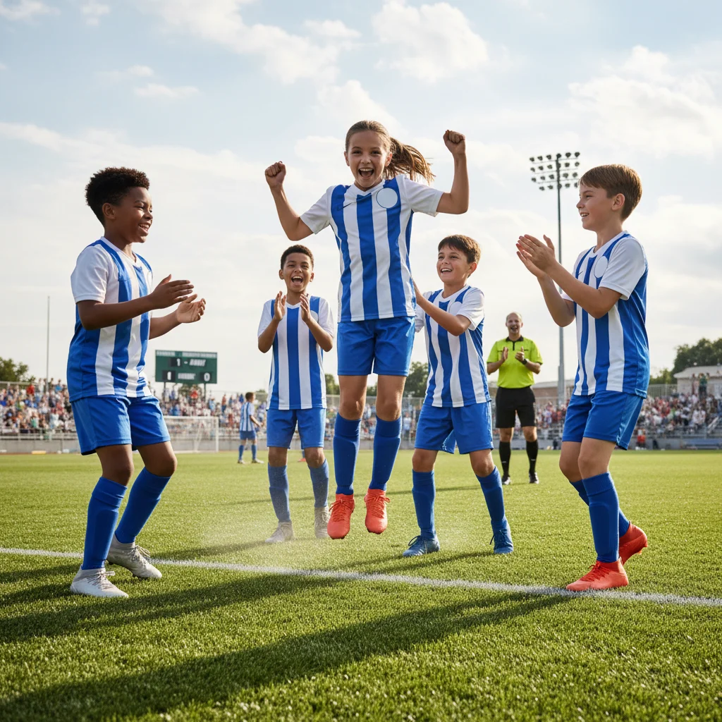 Youth soccer team celebrating a goal, showcasing improved tactical play.