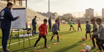 Youth soccer players learning tactical concepts from a USSF certified coach on a sunny field.