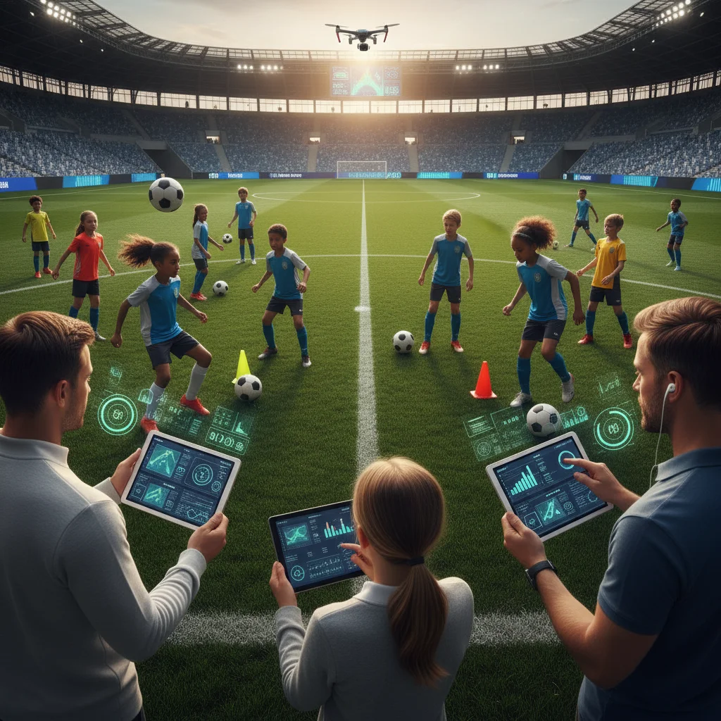 Young soccer players training watched by coaches using data analytics to evaluate their performance.