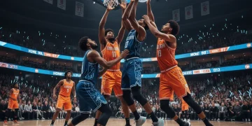 Basketball players battling for a rebound under the hoop in a futuristic arena, showcasing intense defensive action.