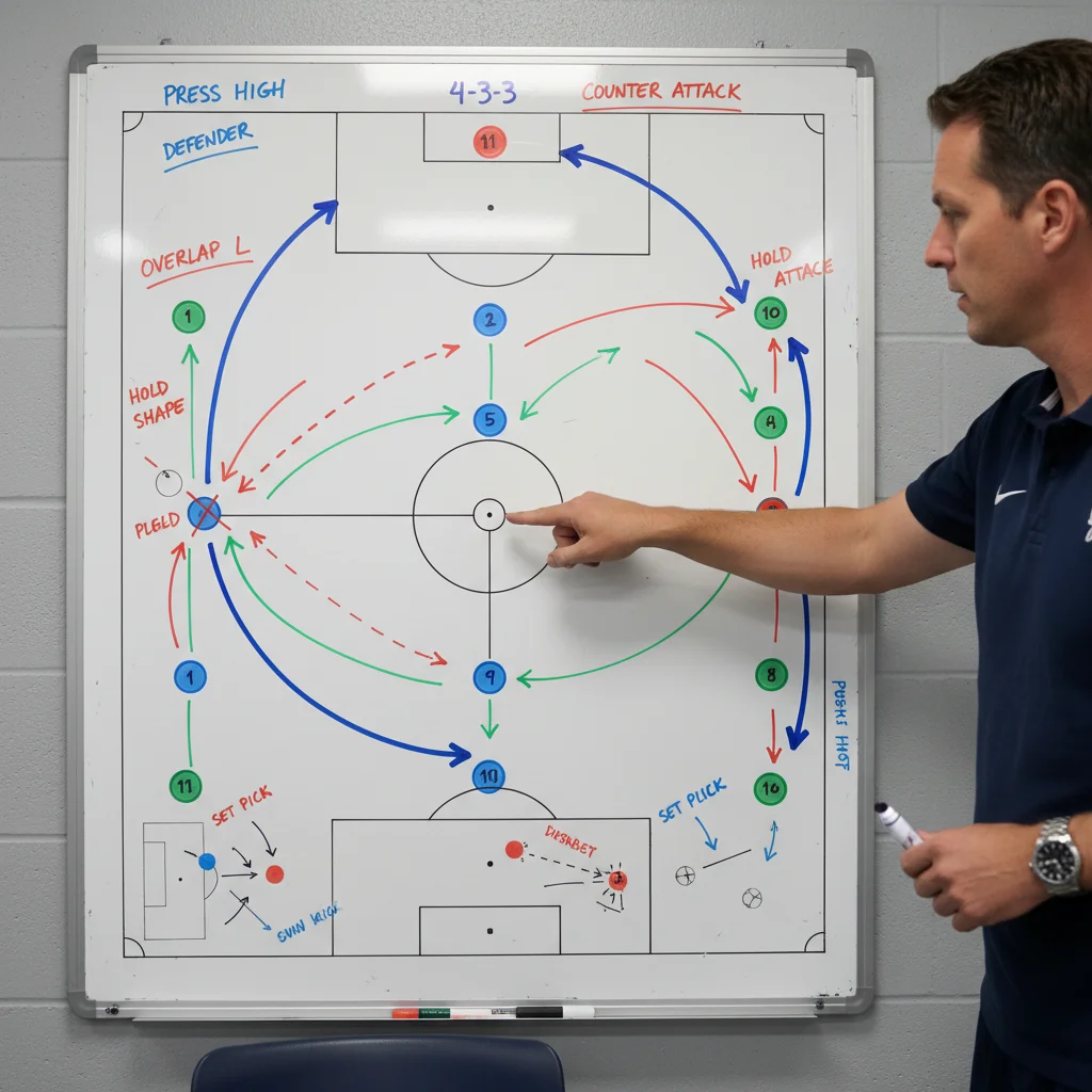 Tactical whiteboard illustrating the 4-3-3 formation's attacking and defensive strategies in soccer.