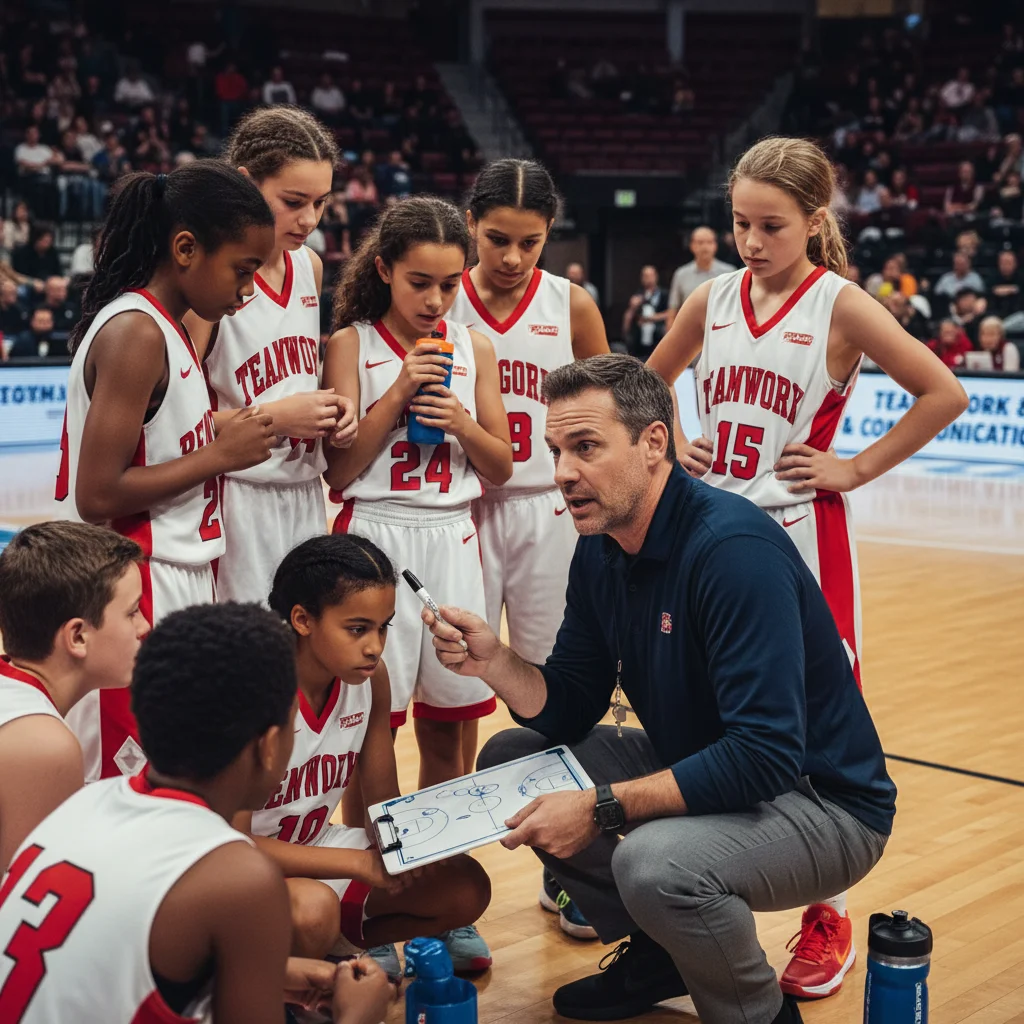 Basketball coach instructing players on strategy and leadership