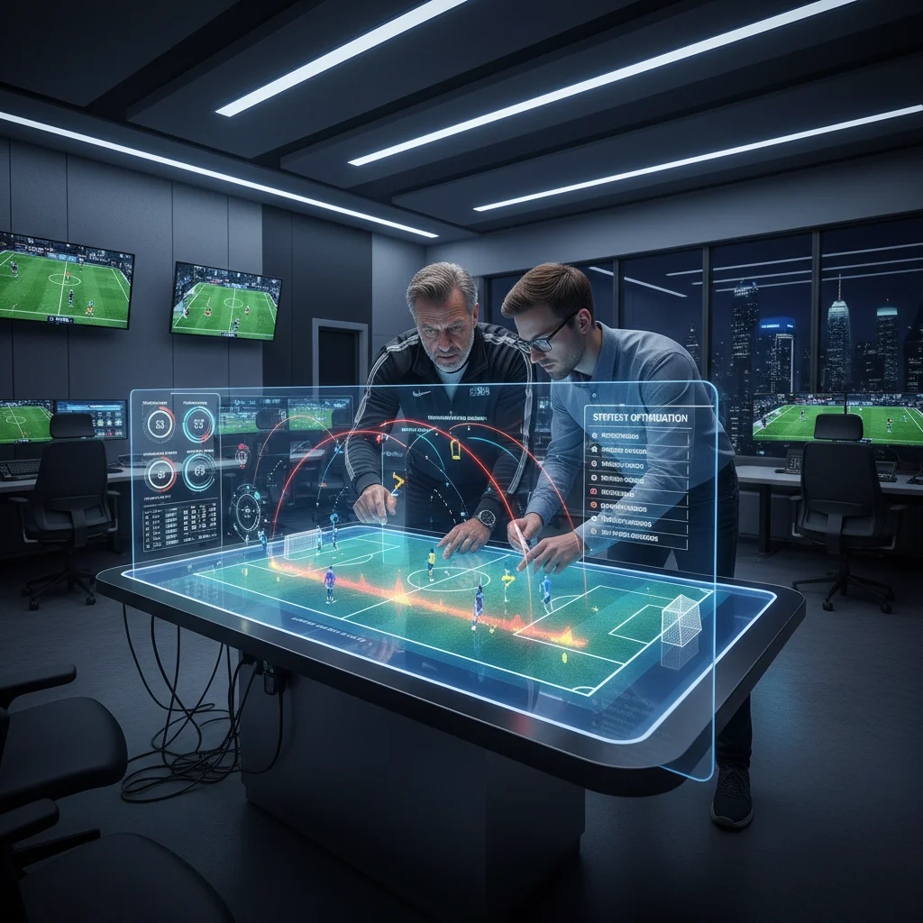 Sports coach and analyst reviewing granular player data on an interactive display.