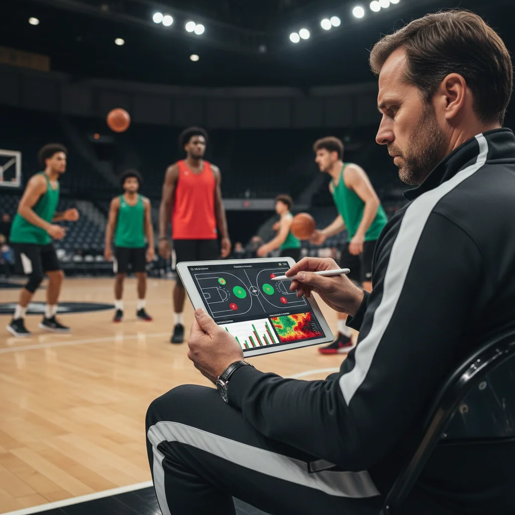 Basketball coach analyzing player shot charts and efficiency data on a tablet