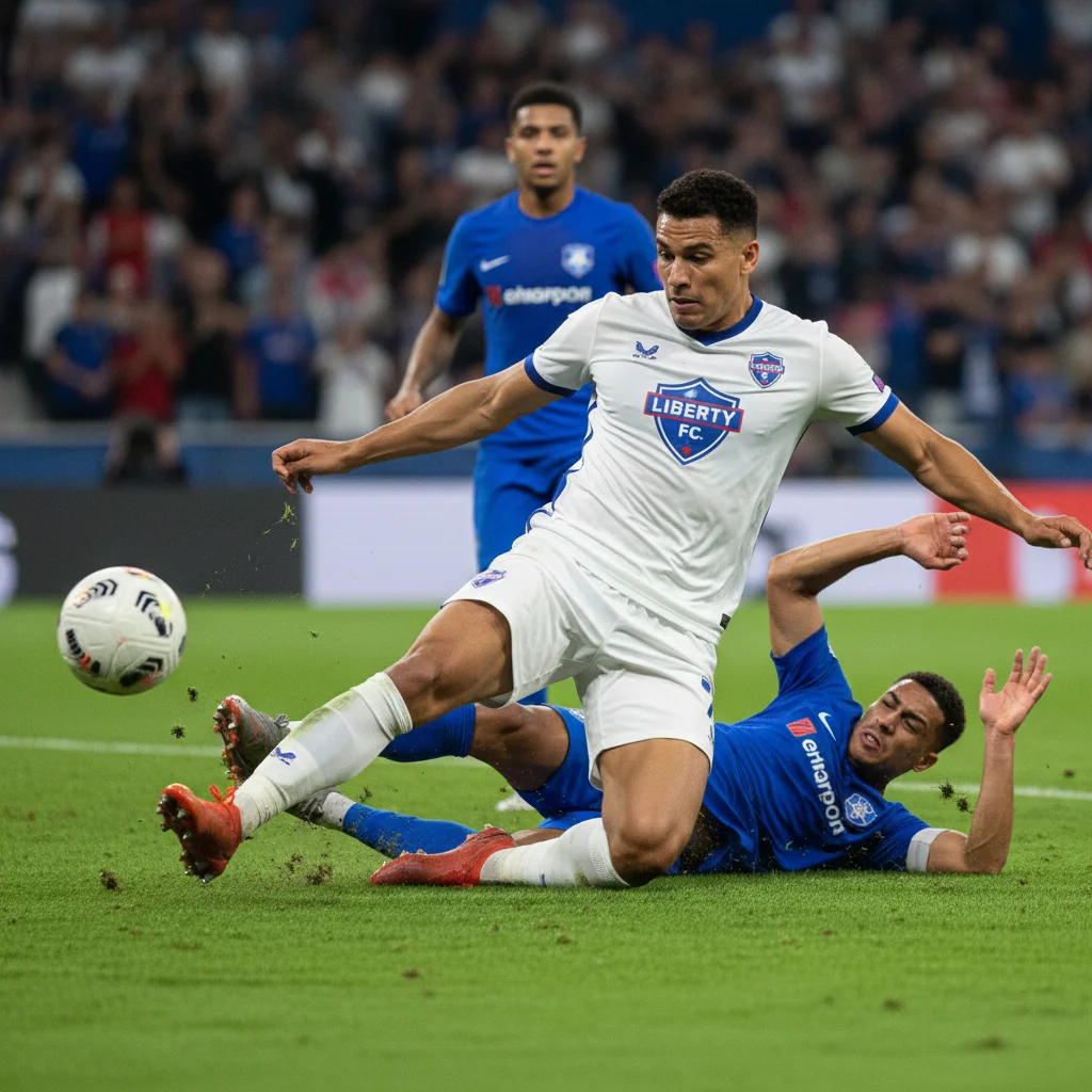 Defender making a successful tackle to regain possession during a soccer game, showcasing defensive intensity.