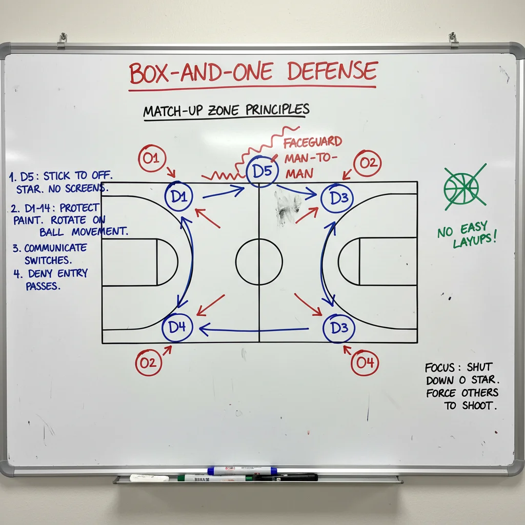Basketball defensive scheme diagram on a whiteboard, illustrating player positions and movement for optimal rebounding.