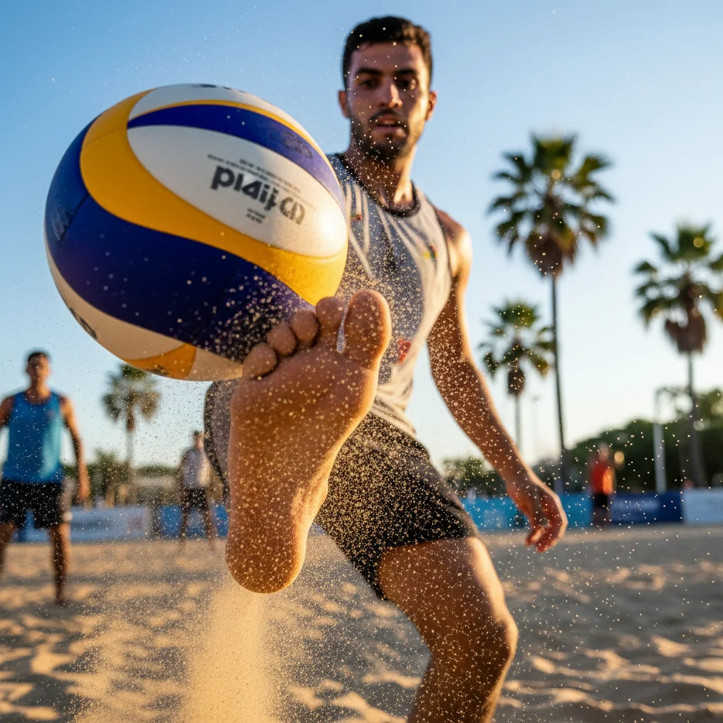 Footvolley player demonstrating precise ball control during a technical drill, emphasizing skill development.