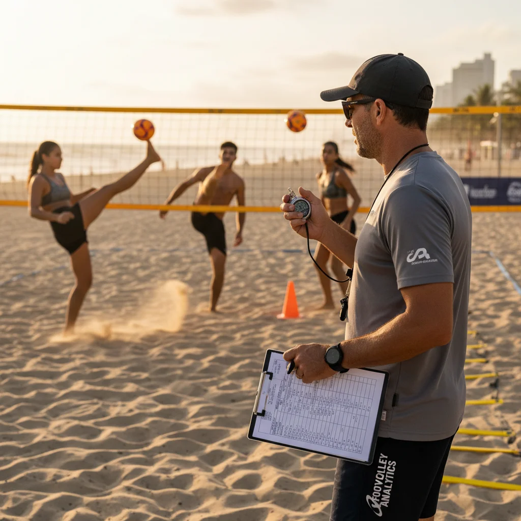 Footvolley coach monitoring player performance and collecting data during an intensive training session.