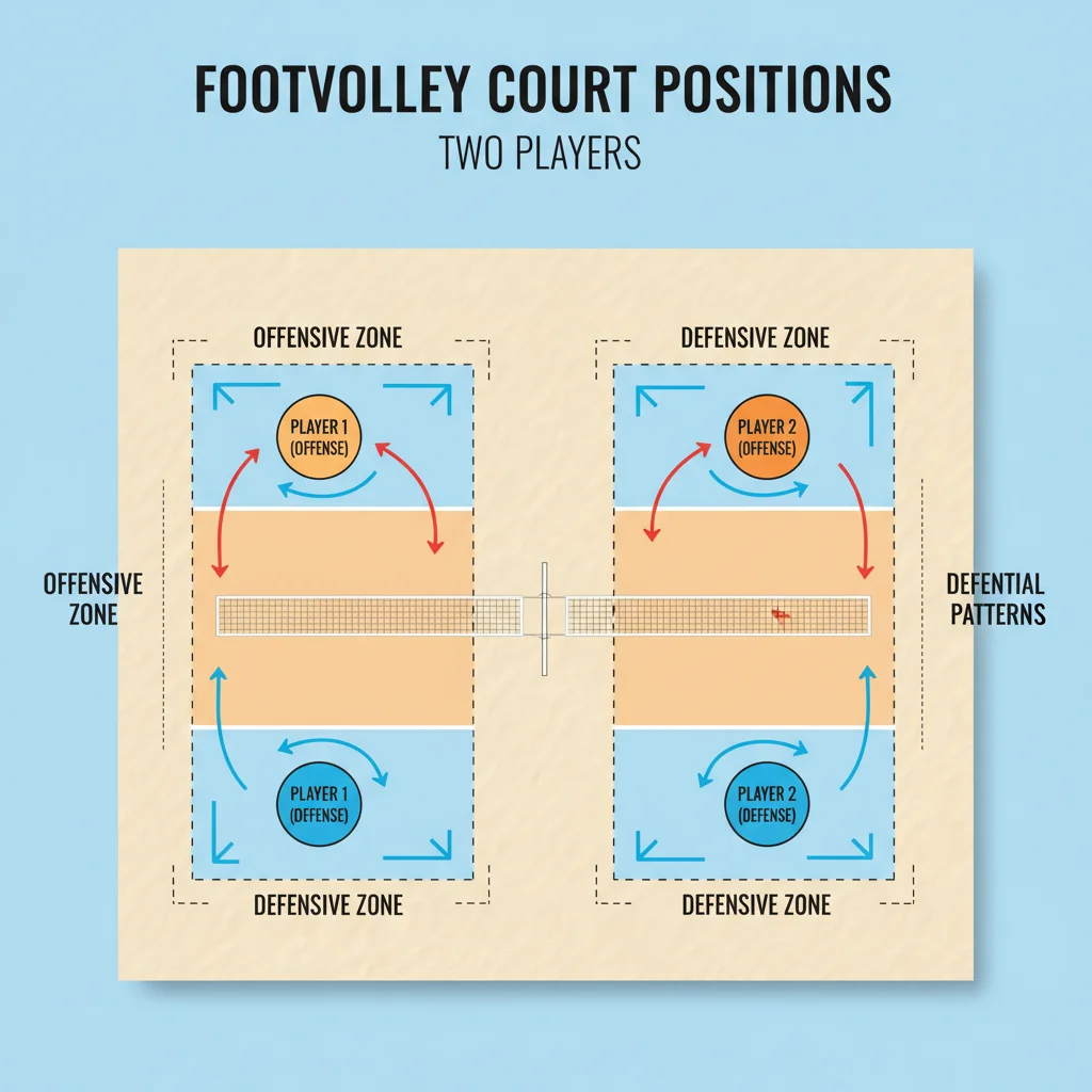 Footvolley court diagram showing optimal player positioning and movement patterns.