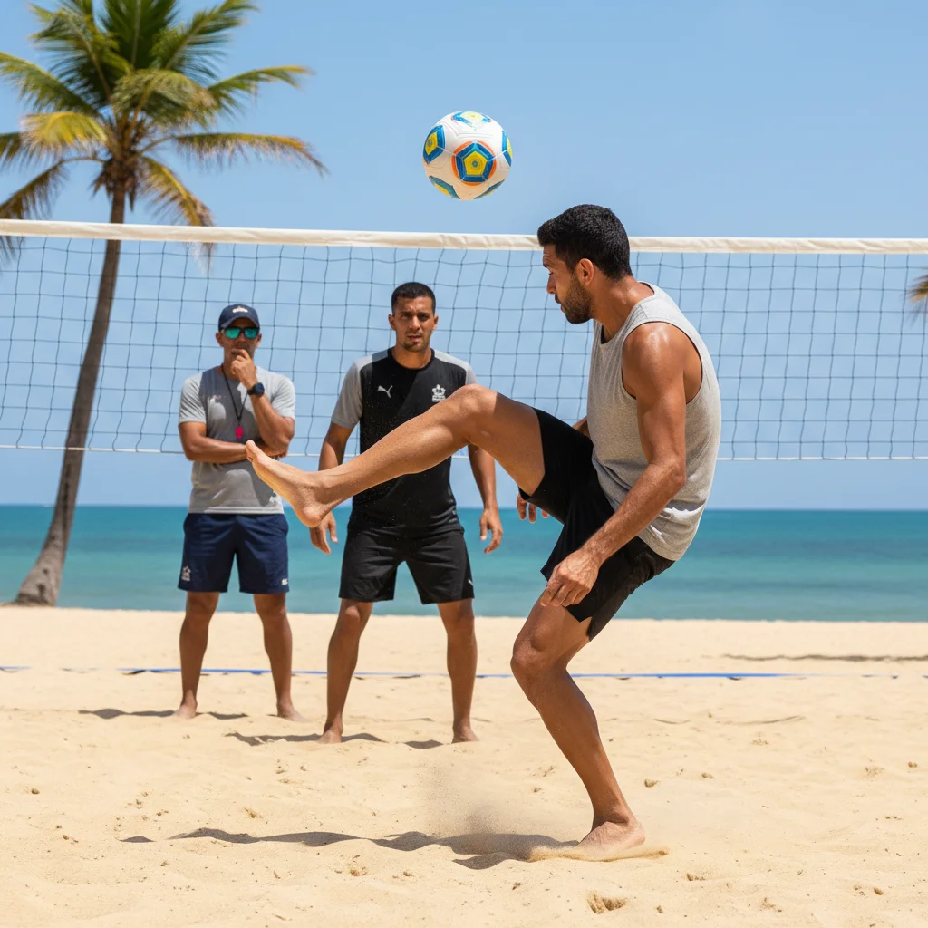 Footvolley players practicing a strategic back-row attack drill on a sandy court.